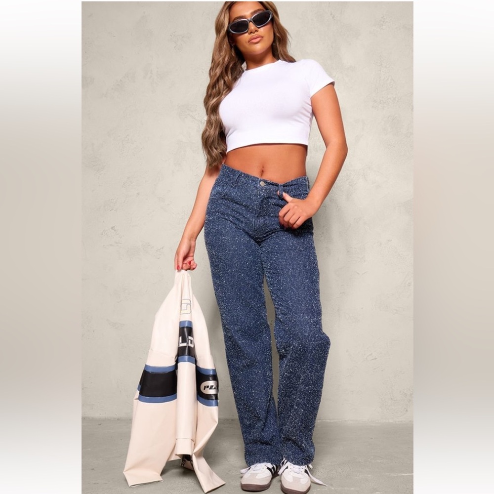 PrettyLittleThing Blue Bobble Texture High Waist Straight Leg Jeans Size 8 - Picture 2 of 12